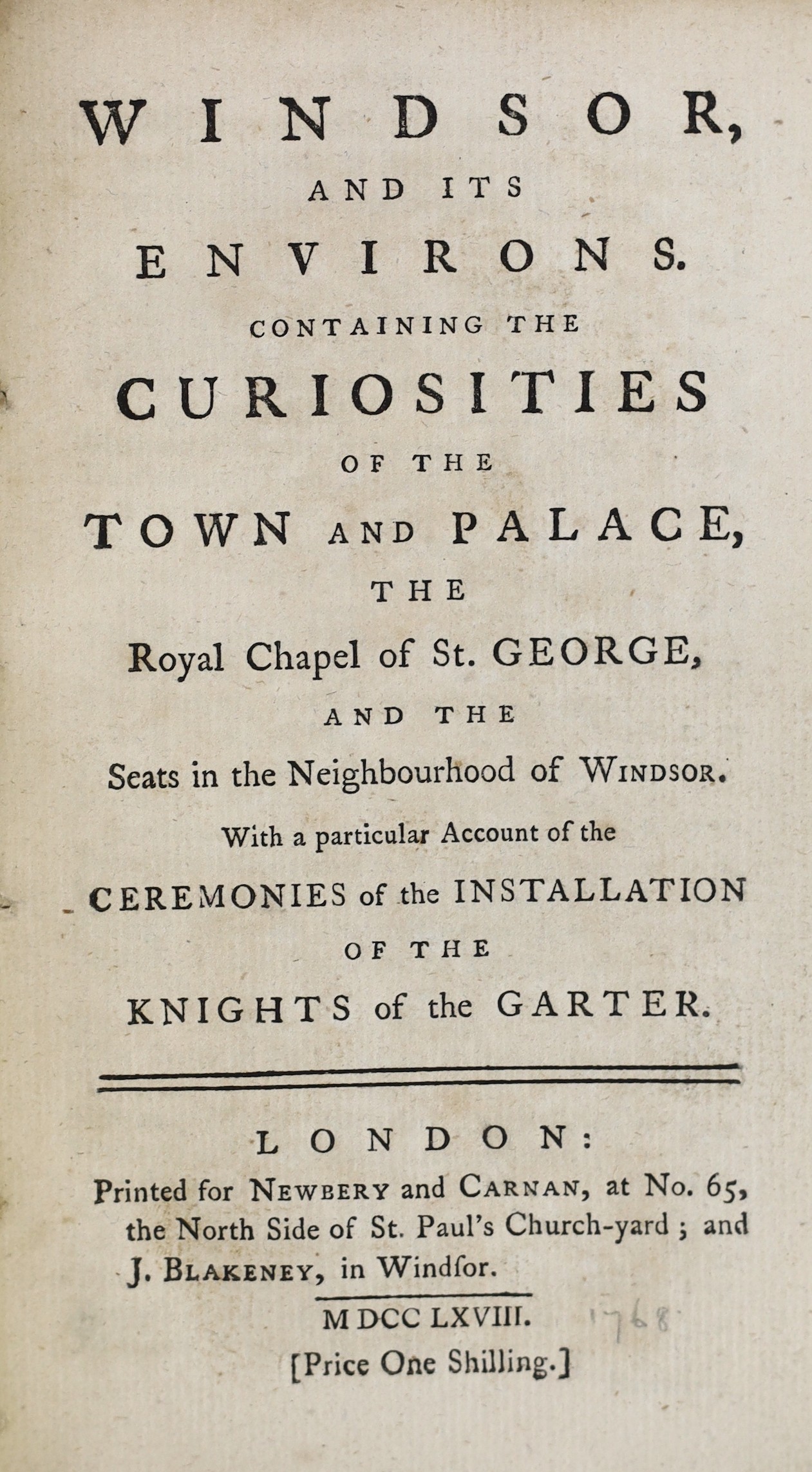 BERKS: Windsor, and its Environs. Containing the Curiosities of the Town and Palace, the Royal Chapel of St. George ... 2 plates, advert. leaf and addenda / errata leaf; old binder's (unlettered) cloth, sm.8vo. printed f